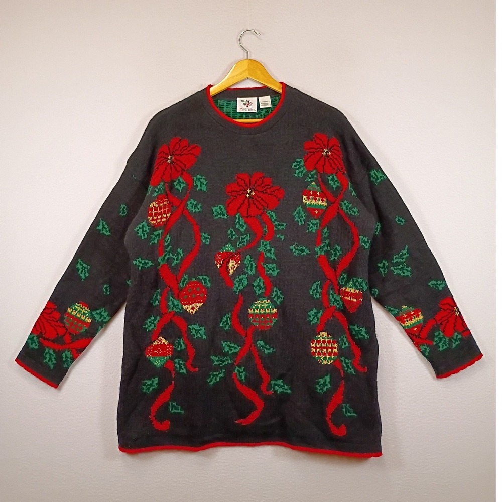 Vintage NutCracker Womens Large Black Poinsettia Ornament Ugly Christmas Sweater